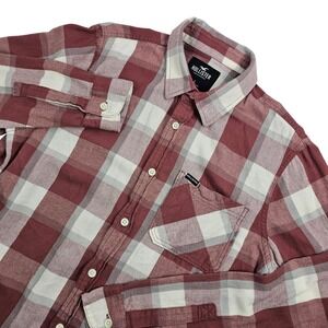 Hollister California Mens Flannel Shirt Large Red White Gray Plaid Casual Relax‎